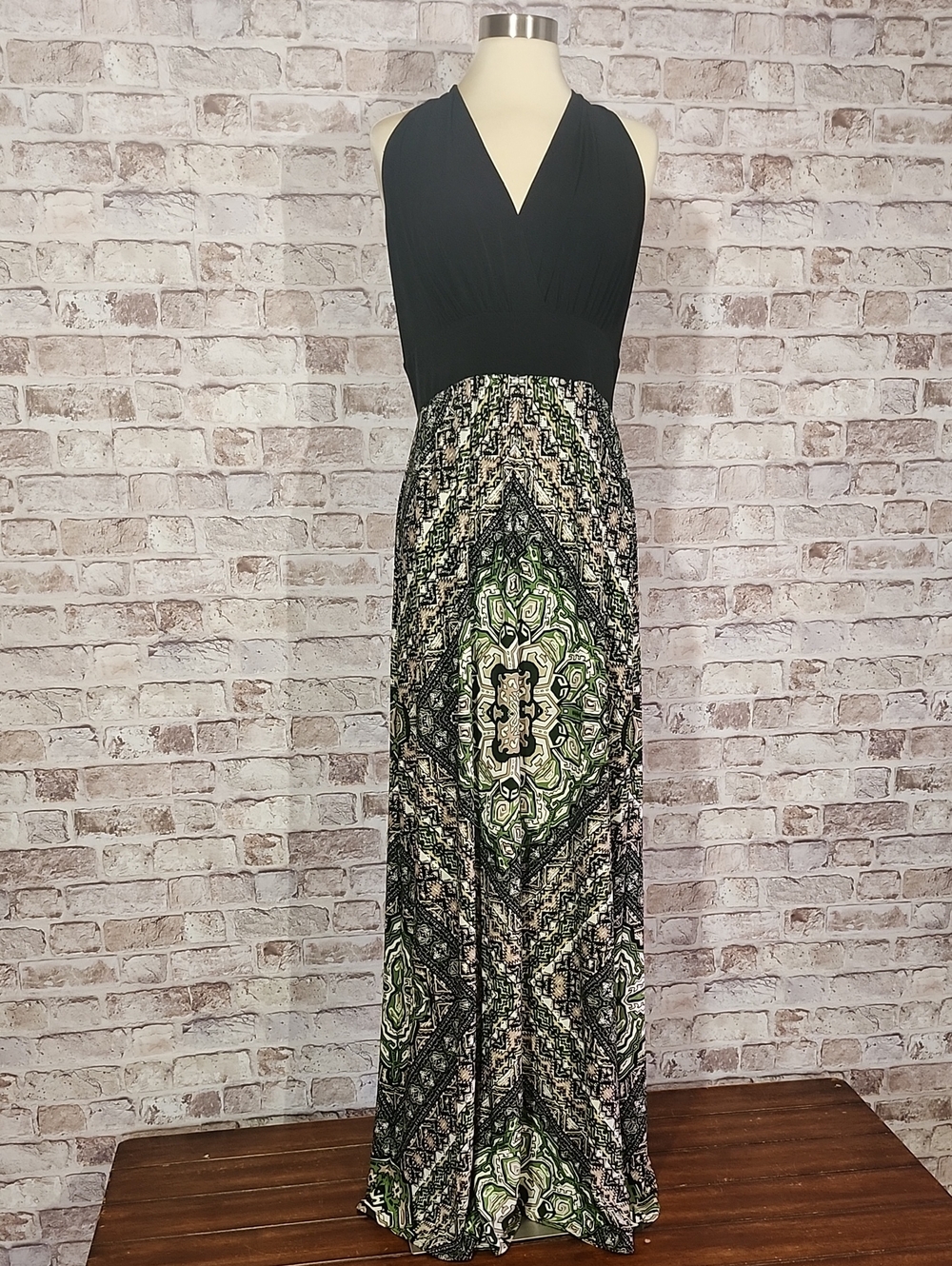 DB Established 1962 Halter Maxi Dress w/ Black Bodice and Green Patterned Skirt